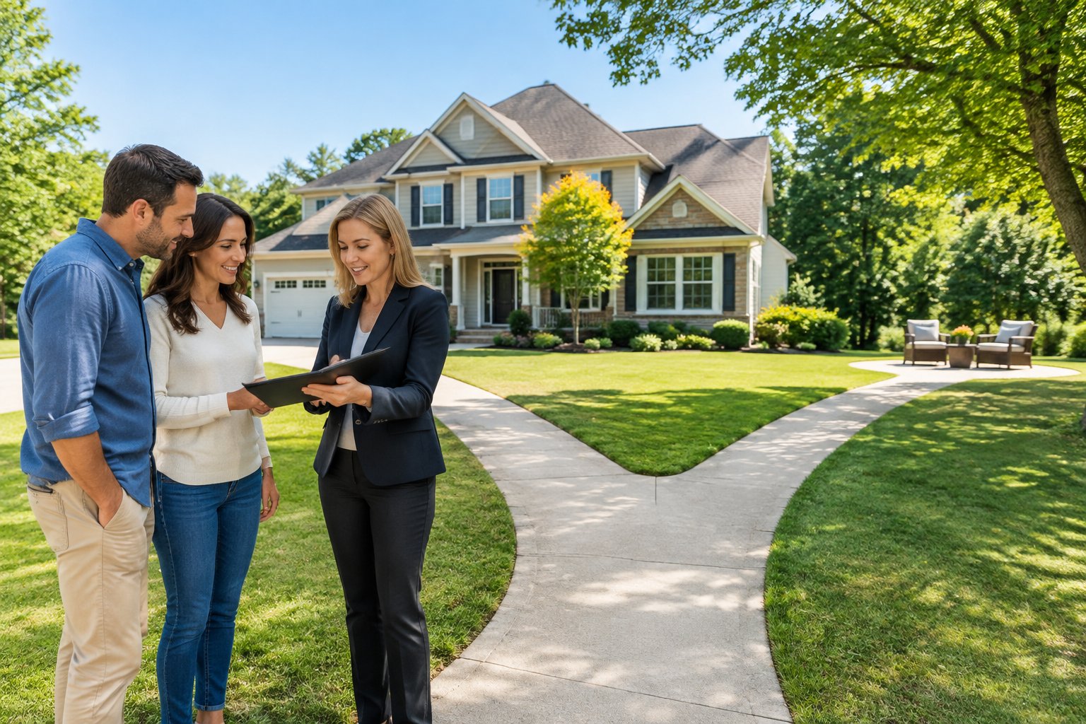 A homeowner couple consults a real estate professional outside a well-kept suburban house.