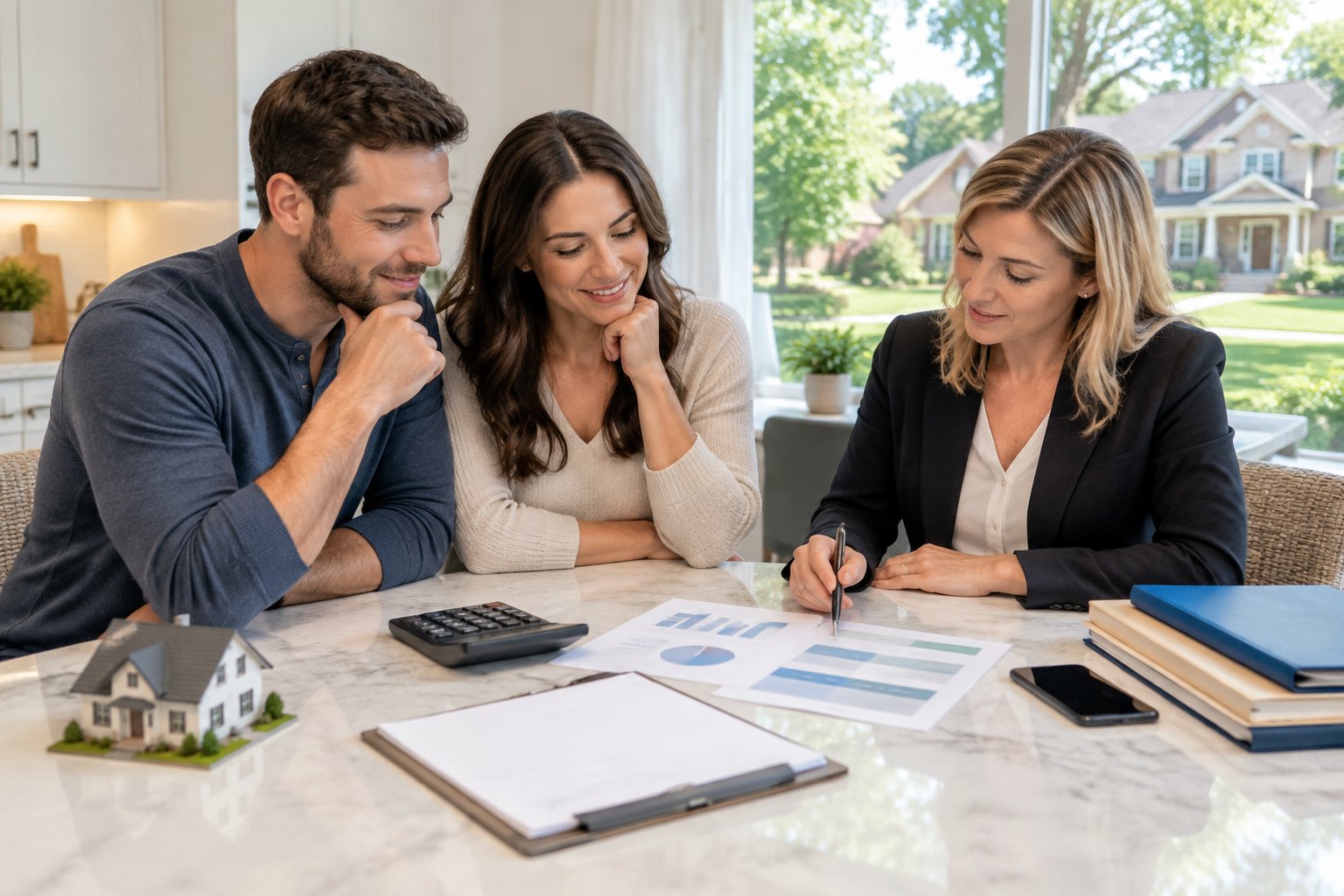 Homeowner and real estate professional review house-sale finances at a kitchen table.