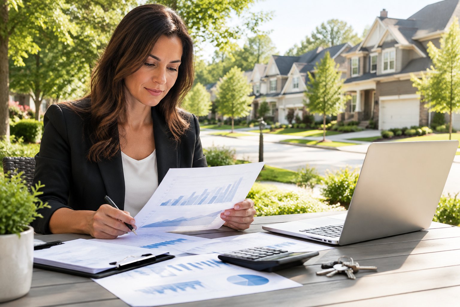 A real estate professional reviews property documents beside a laptop in a suburban neighborhood.