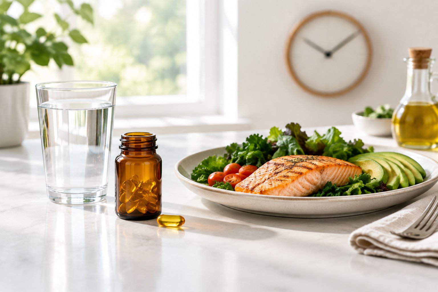 Fish oil capsules and a glass of water beside a healthy meal with salmon, avocado, and greens.
