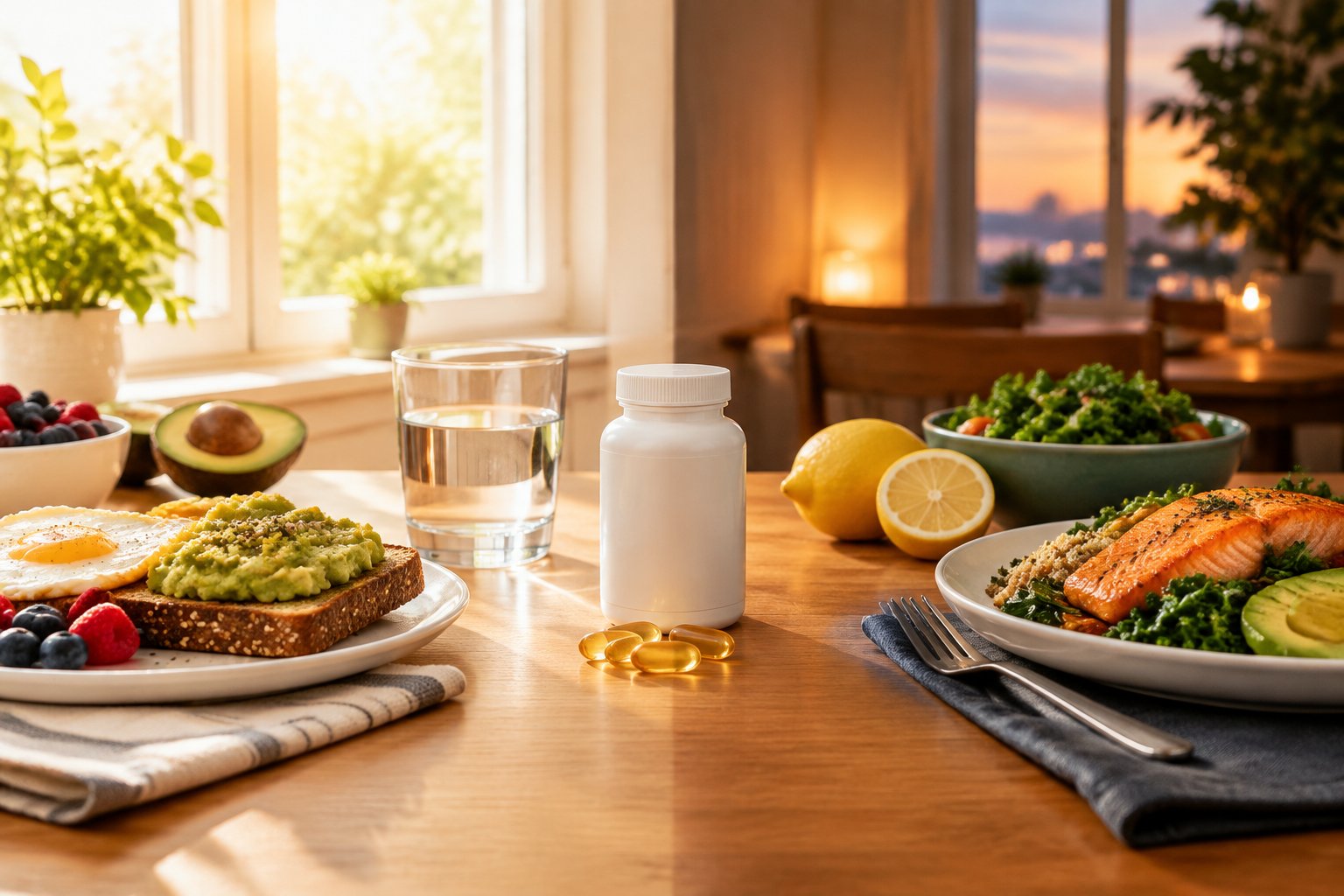 A fish oil supplement bottle and capsules beside healthy foods on a table lit by both morning and evening light.