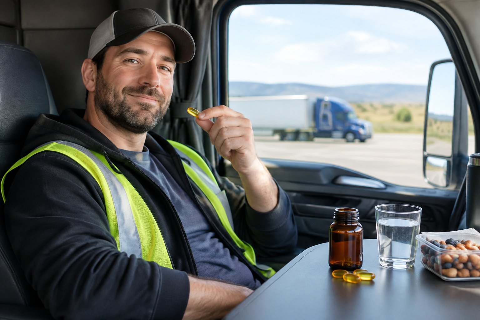 A truck driver takes a break beside an unbranded bottle of fish oil capsules and a glass of water in a truck cab.