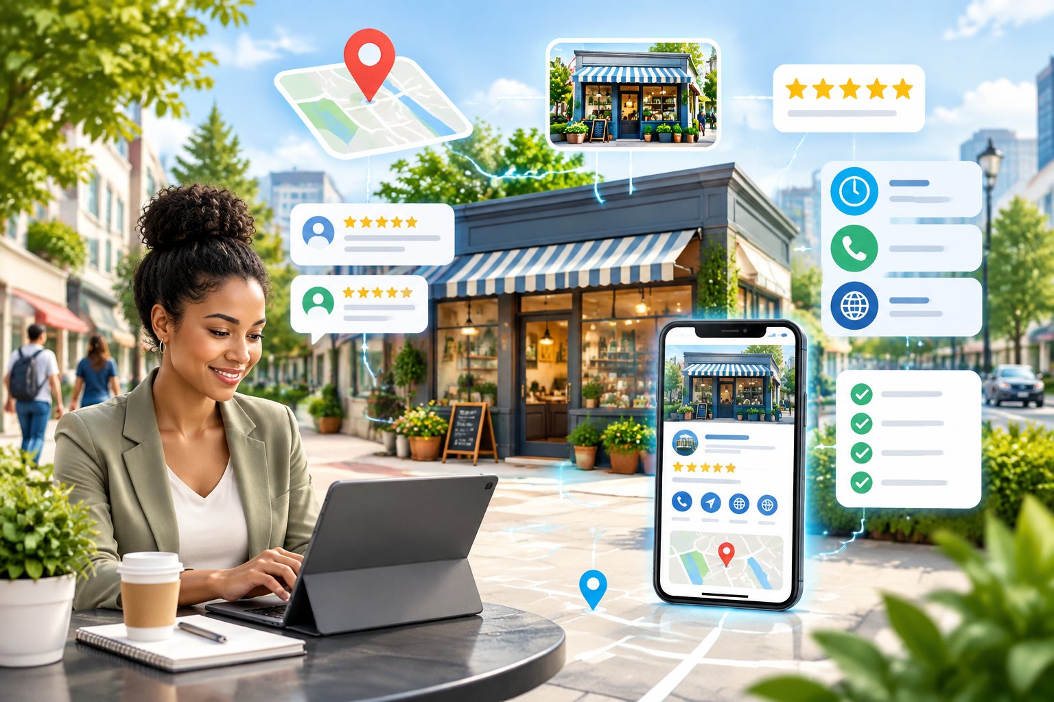 A local business owner updates a digital business profile beside a neighborhood storefront surrounded by map, rating, contact, hours, and review icons.