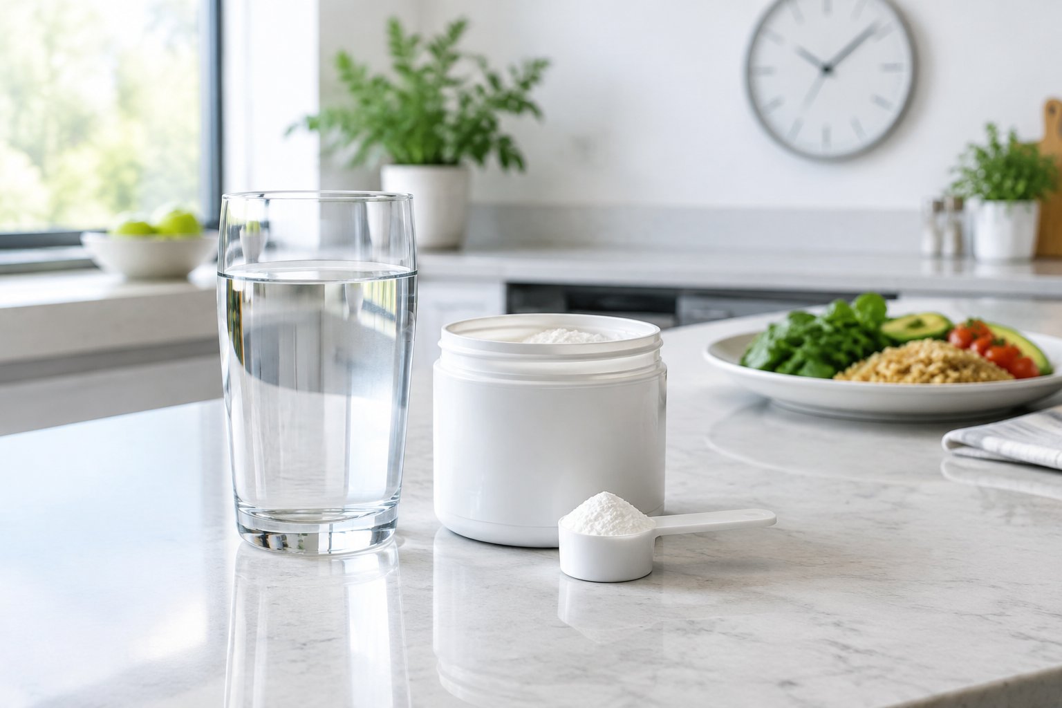 A glass of water, a container of creatine powder, and a measuring scoop on a kitchen counter beside an untouched plate of food.