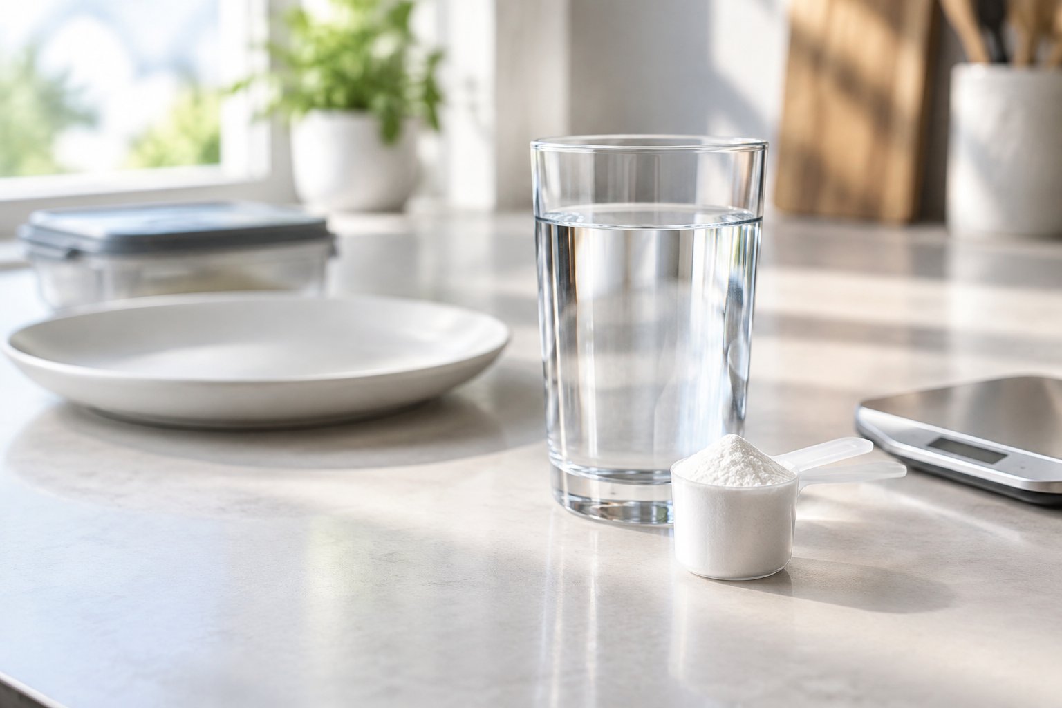 A glass of water and a scoop of creatine powder beside an empty plate on a clean countertop.