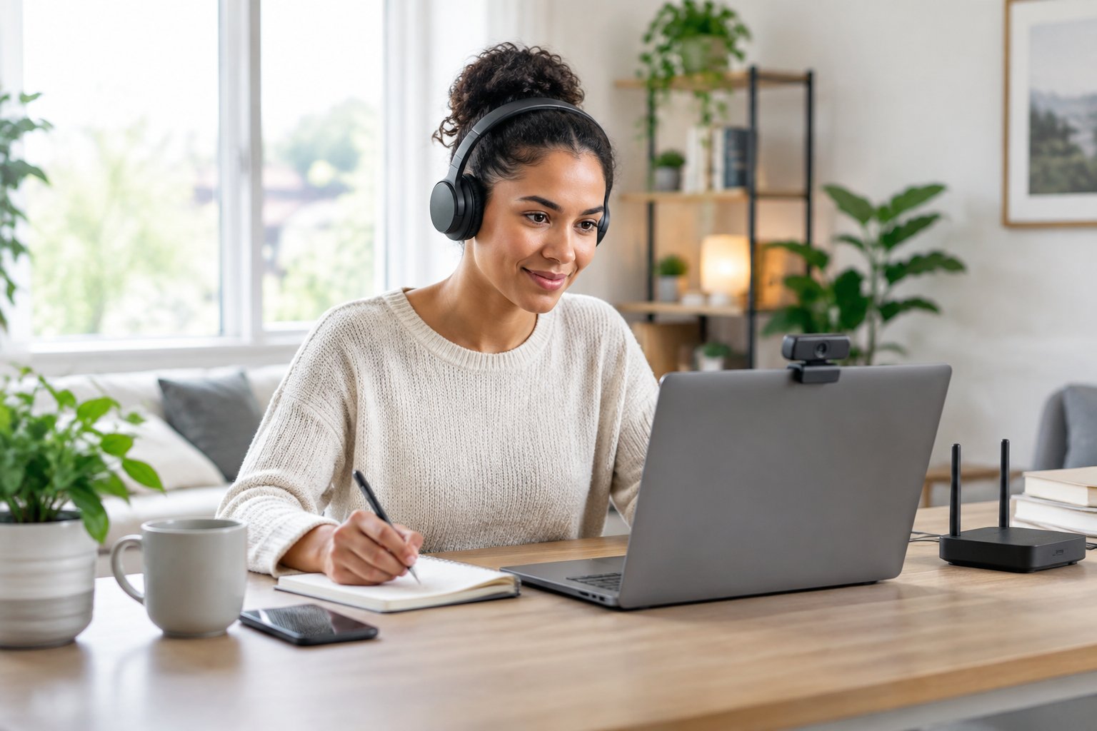 Profesional buscando oportunidades de trabajo remoto desde una oficina en casa.
