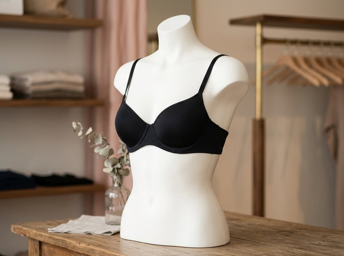 A mannequin torso wearing a supportive demi-cup bra in a softly lit lingerie boutique setting.