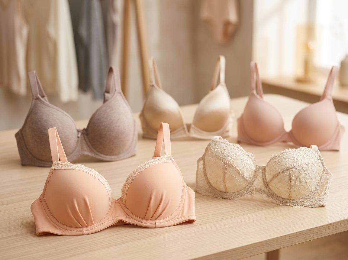 A selection of different bra styles arranged for comparison on a studio surface.