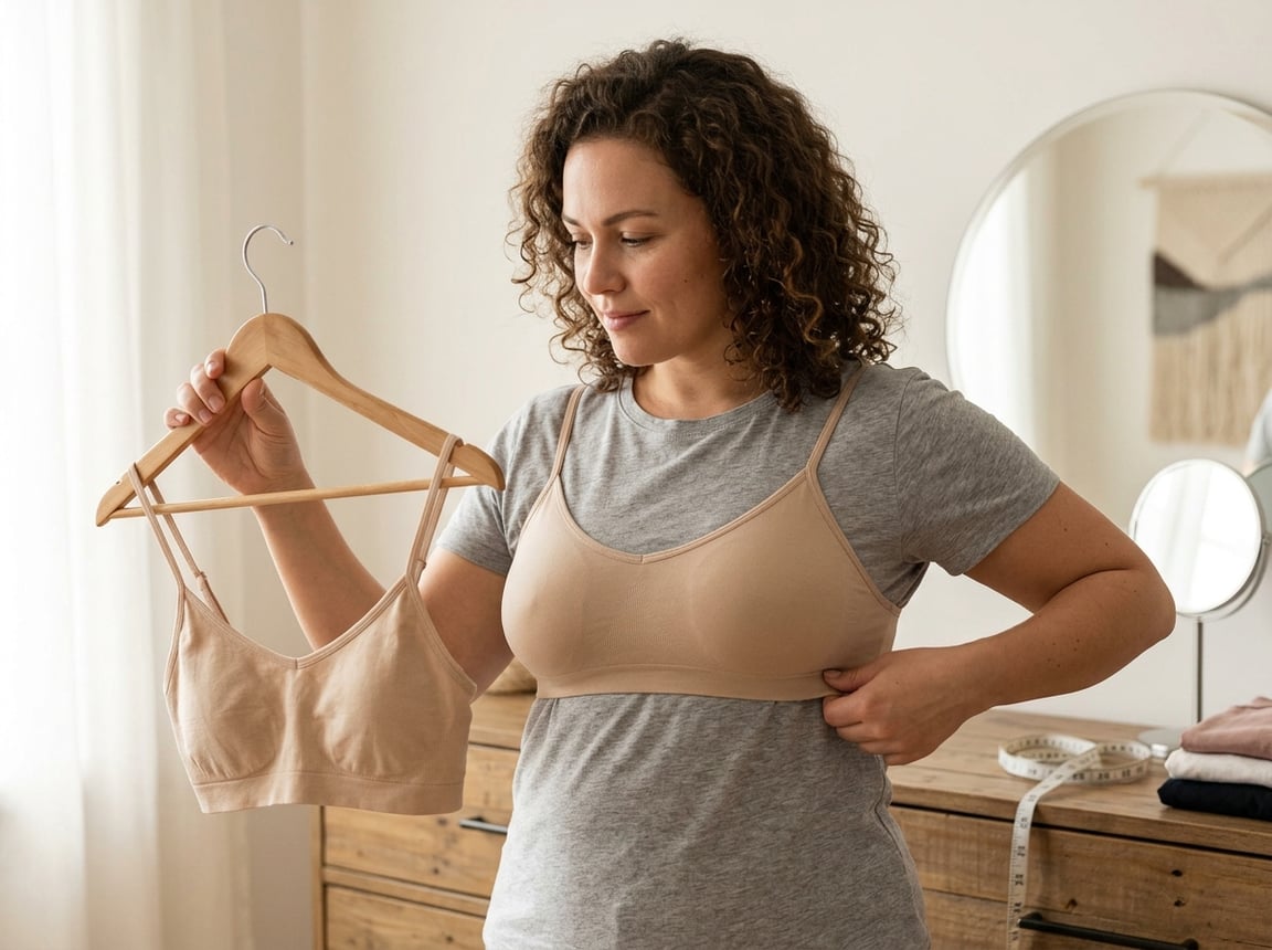 Woman comparing the fit of two different-sized bras in a bright bedroom.