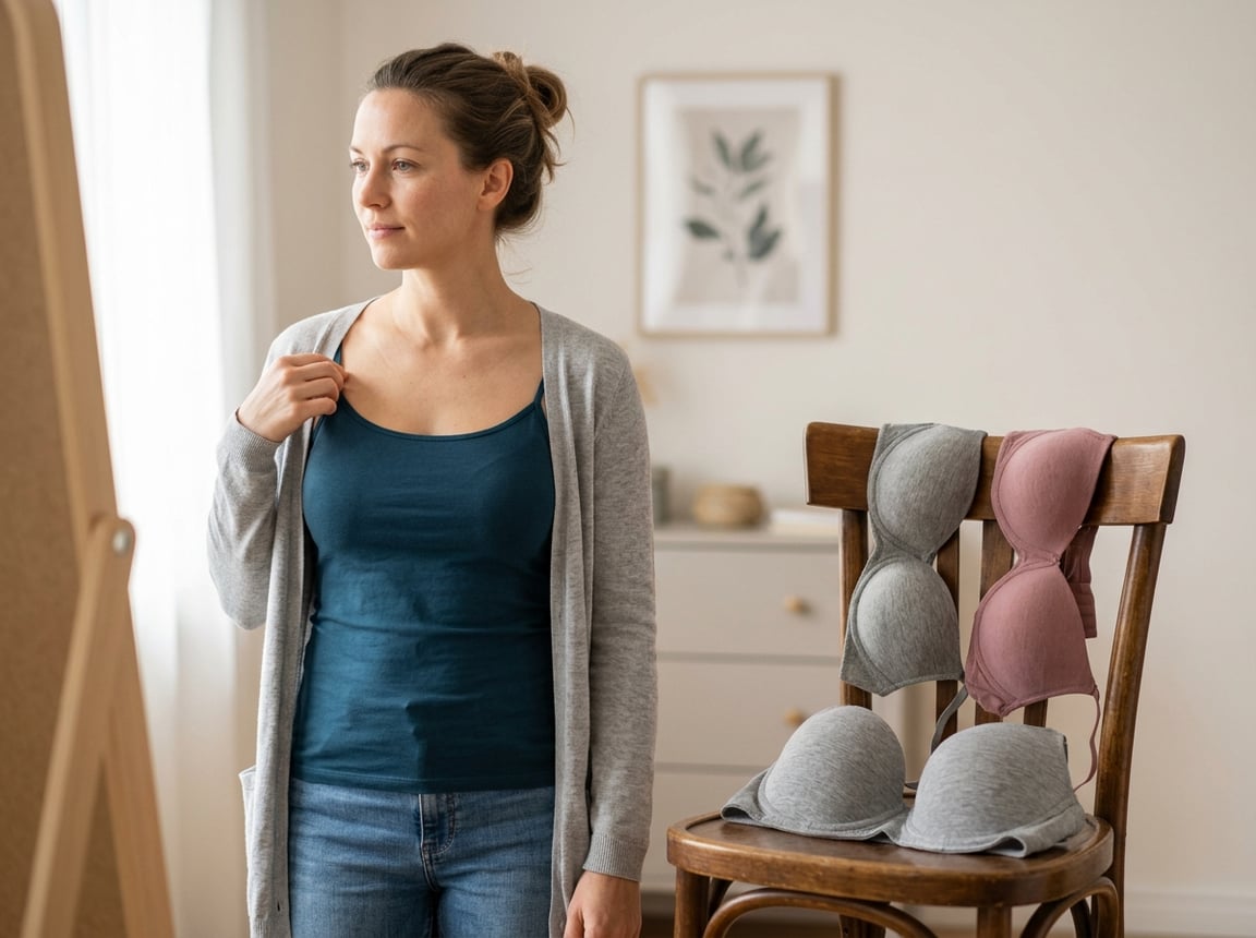 An adult woman in a bright bedroom adjusts her top beside two bras of different sizes.