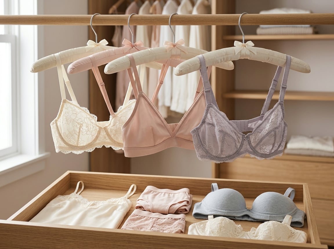 Unworn bras and lingerie arranged in a wardrobe, showing newer garments beside an older bra.
