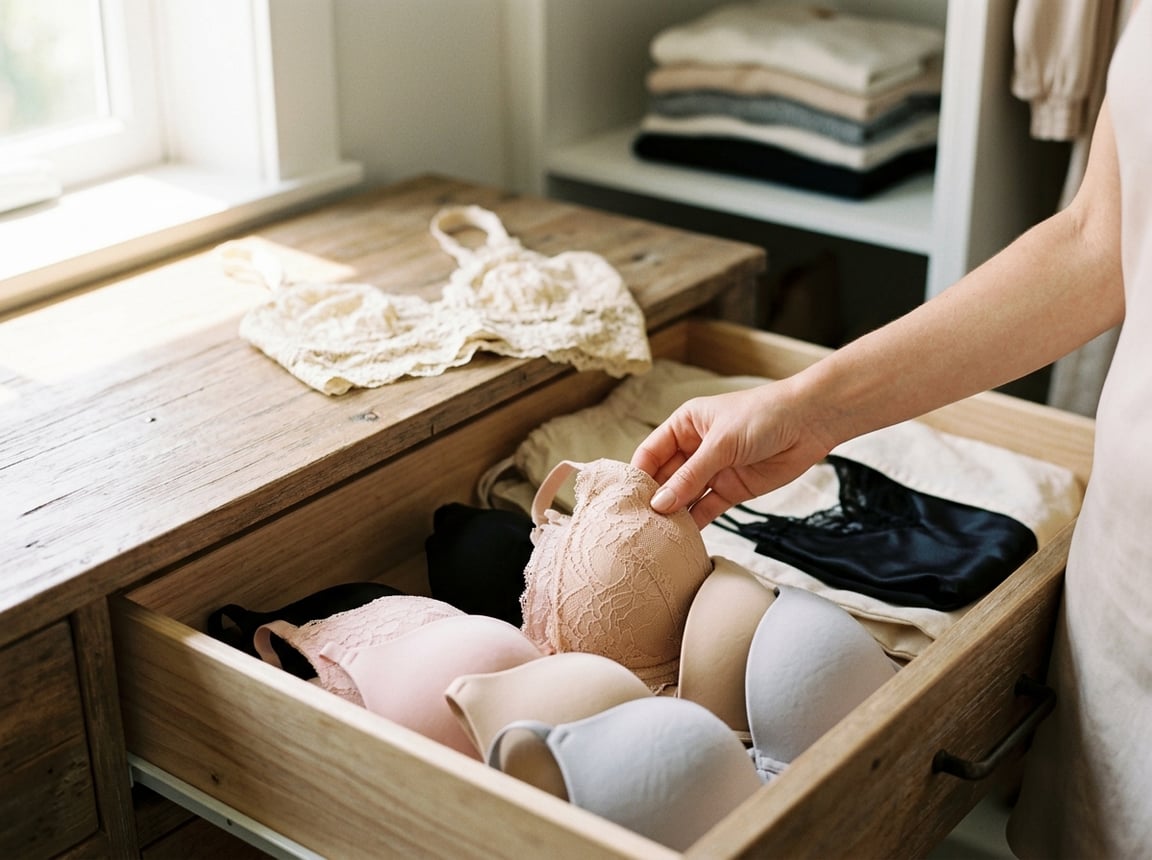 A hand checks unworn bras stored in a dresser drawer, comparing garments kept in different conditions.