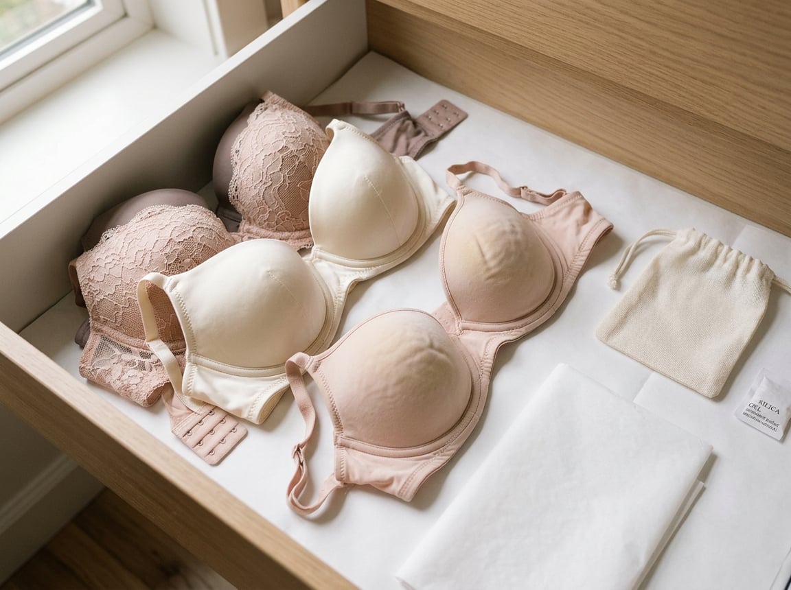 Folded bras and lingerie stored in a wardrobe drawer, including one visibly aged item.
