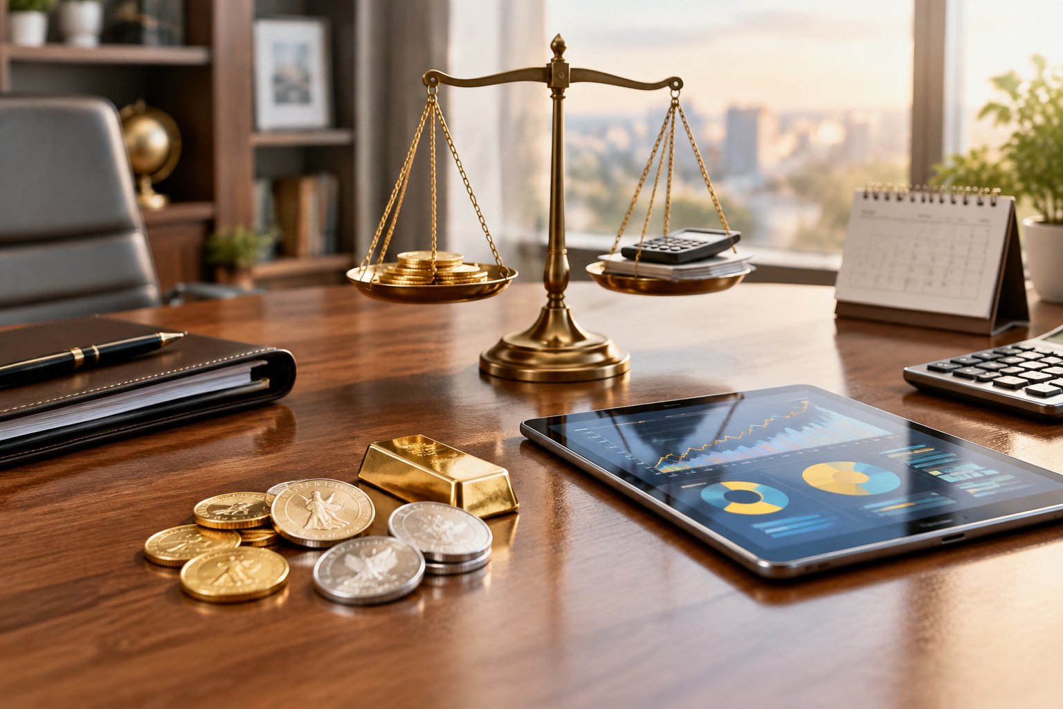 Gold and silver coins beside a balanced investment scale on a financial advisor's desk.