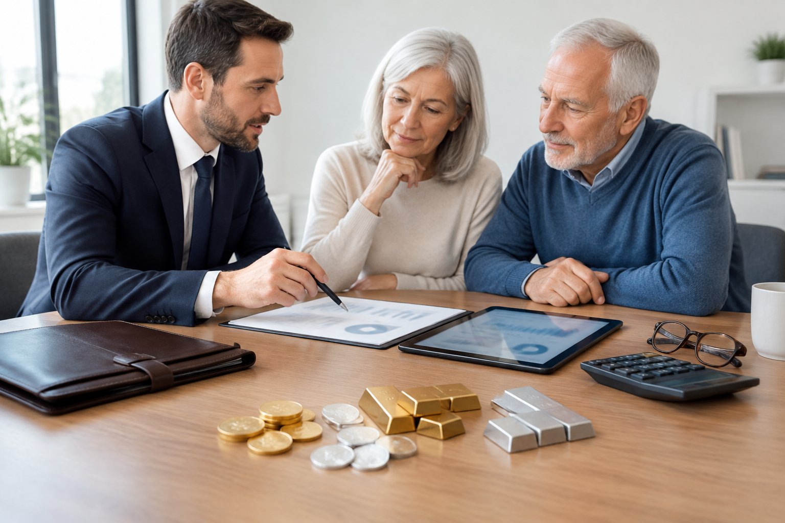 An older couple consults a financial advisor at a desk with gold and silver coins and bullion bars.