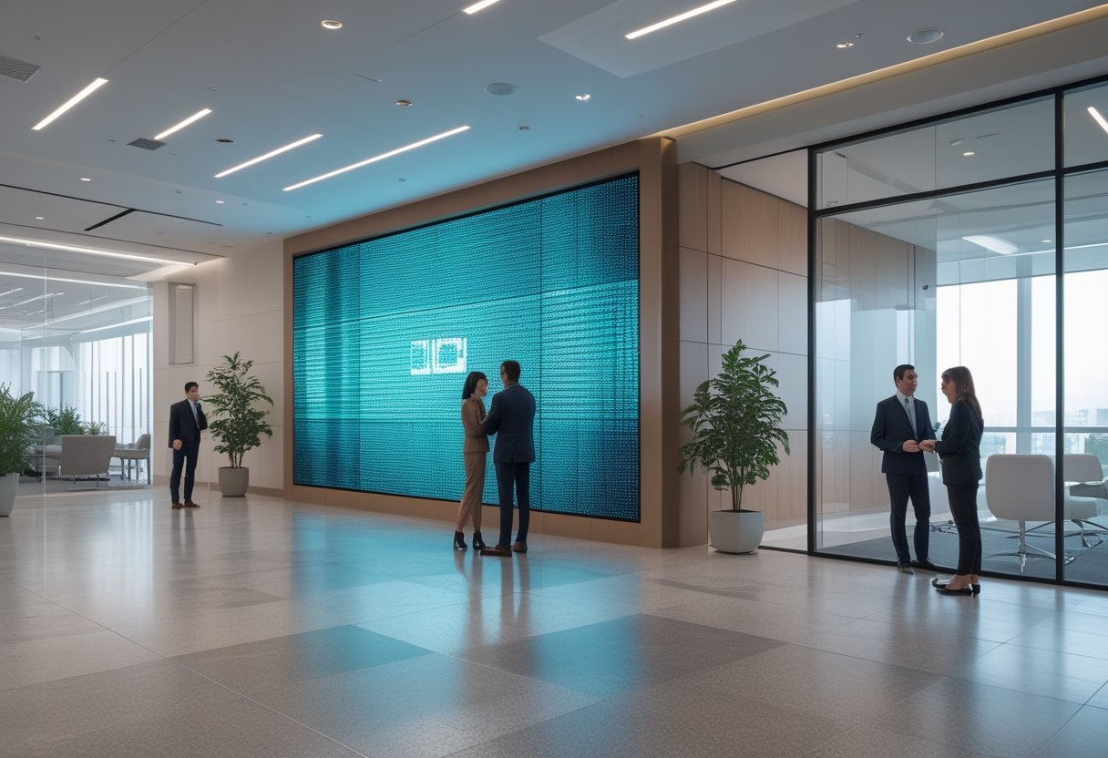 Videotron LED besar menampilkan pola cahaya abstrak di lobi kantor modern yang terhubung dengan ruang rapat berdinding kaca.
