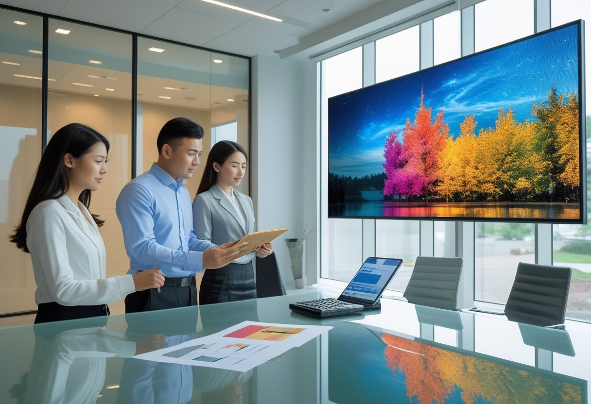 Tim profesional membahas investasi layar LED indoor di lobi kantor modern dekat ruang rapat.