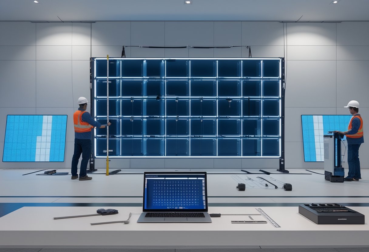 Teknisi memasang panel videotron LED modular dengan perangkat pendukung dan perlengkapan instalasi di lokasi komersial.