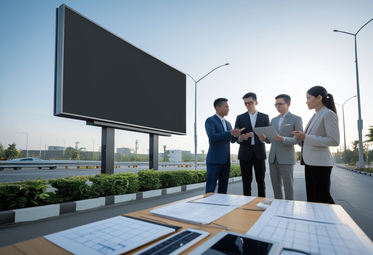 Tim profesional meninjau rencana pemasangan videotron luar ruangan di dekat papan iklan digital.