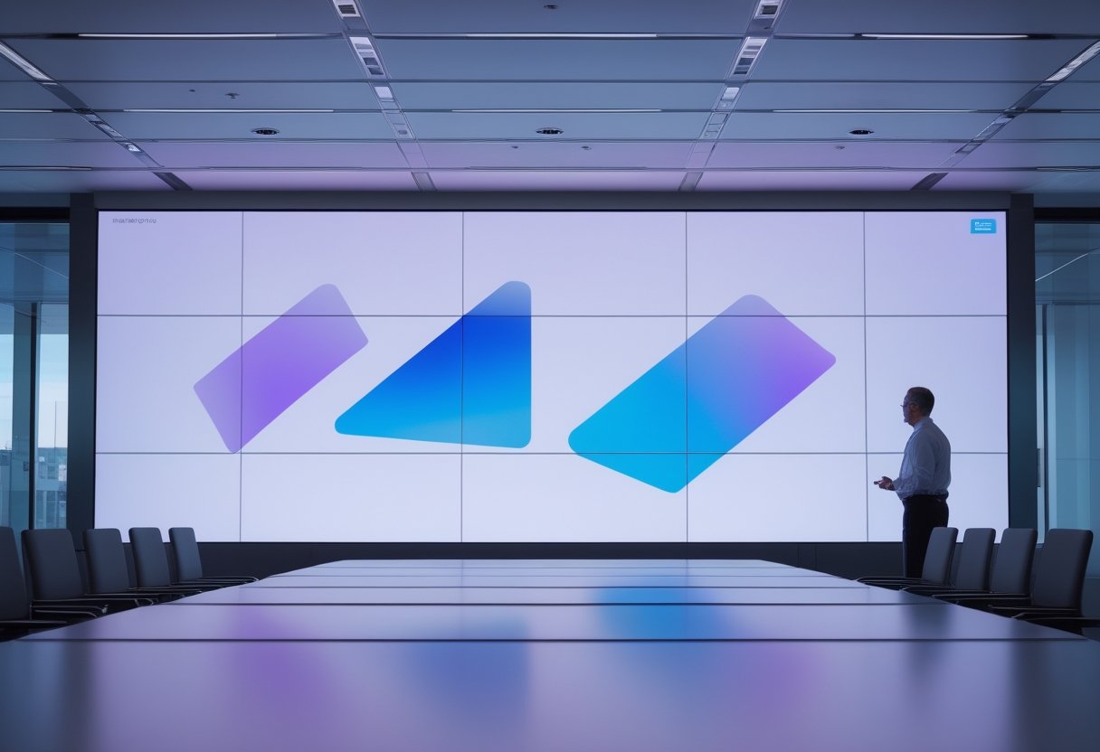Videotron besar menampilkan visual abstrak di ruang meeting modern dengan meja dan kursi konferensi.