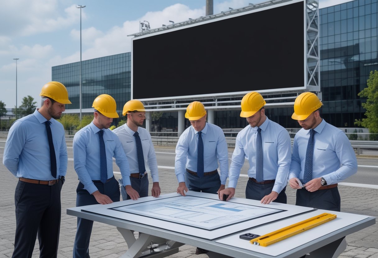 Tim profesional meninjau rencana dan mengukur instalasi videotron LED luar ruang di dekat struktur billboard.