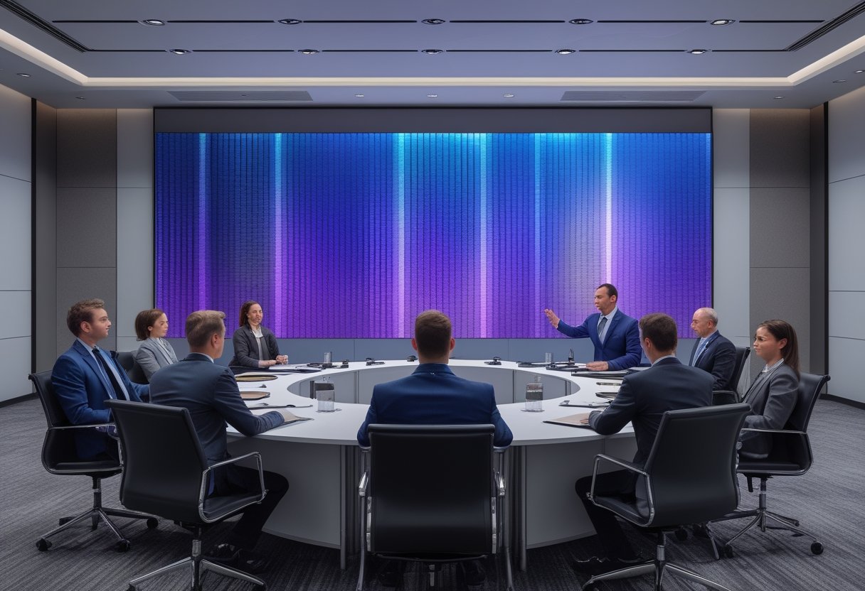 Ruang meeting modern dengan layar LED besar dan beberapa profesional yang sedang mempersiapkan presentasi.