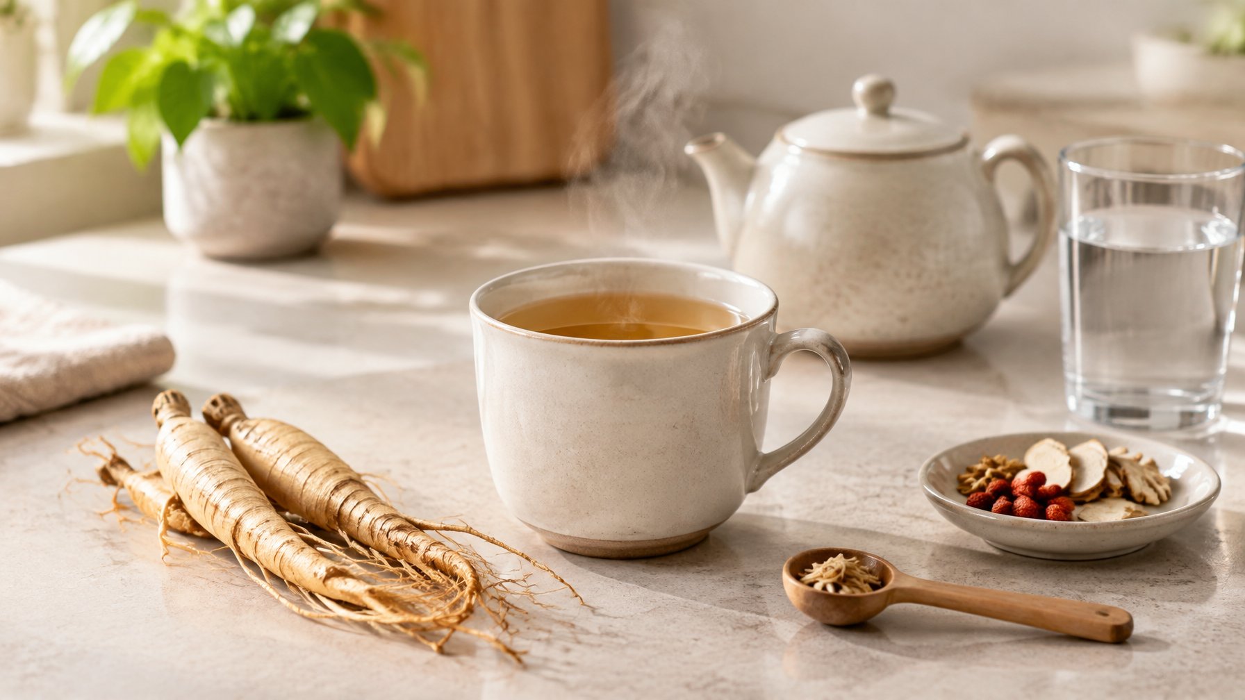 A cup of ginseng tea with fresh ginseng roots, a teapot, and a glass of water on a kitchen counter.