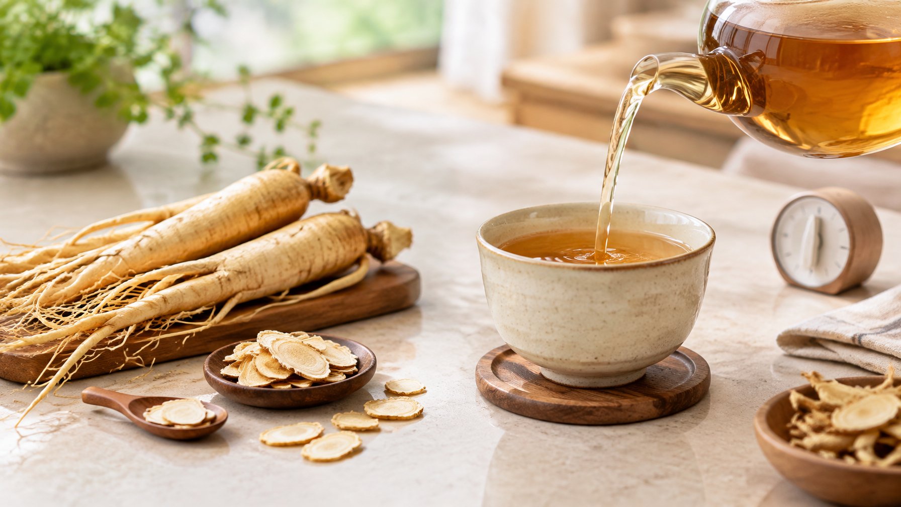Ginseng roots and sliced ginseng beside a cup of freshly prepared tea.
