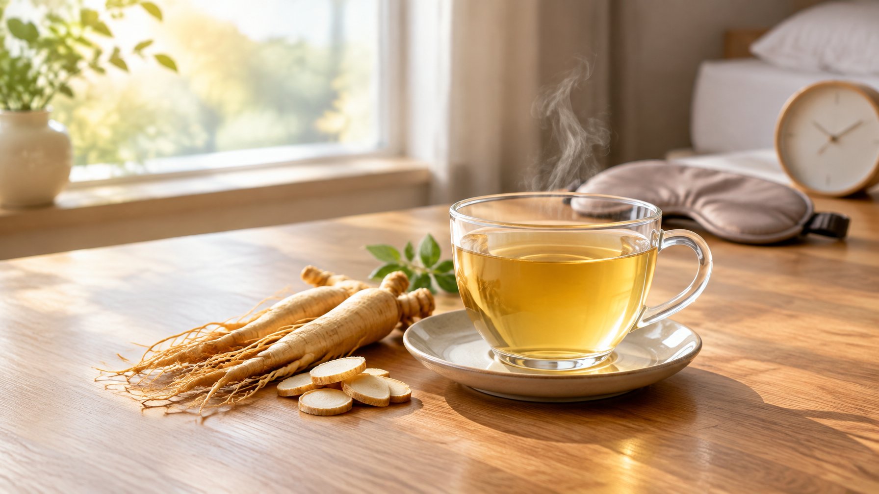 A steaming cup of ginseng tea with fresh ginseng roots on a sunlit wooden table beside a sleep mask and a clock.