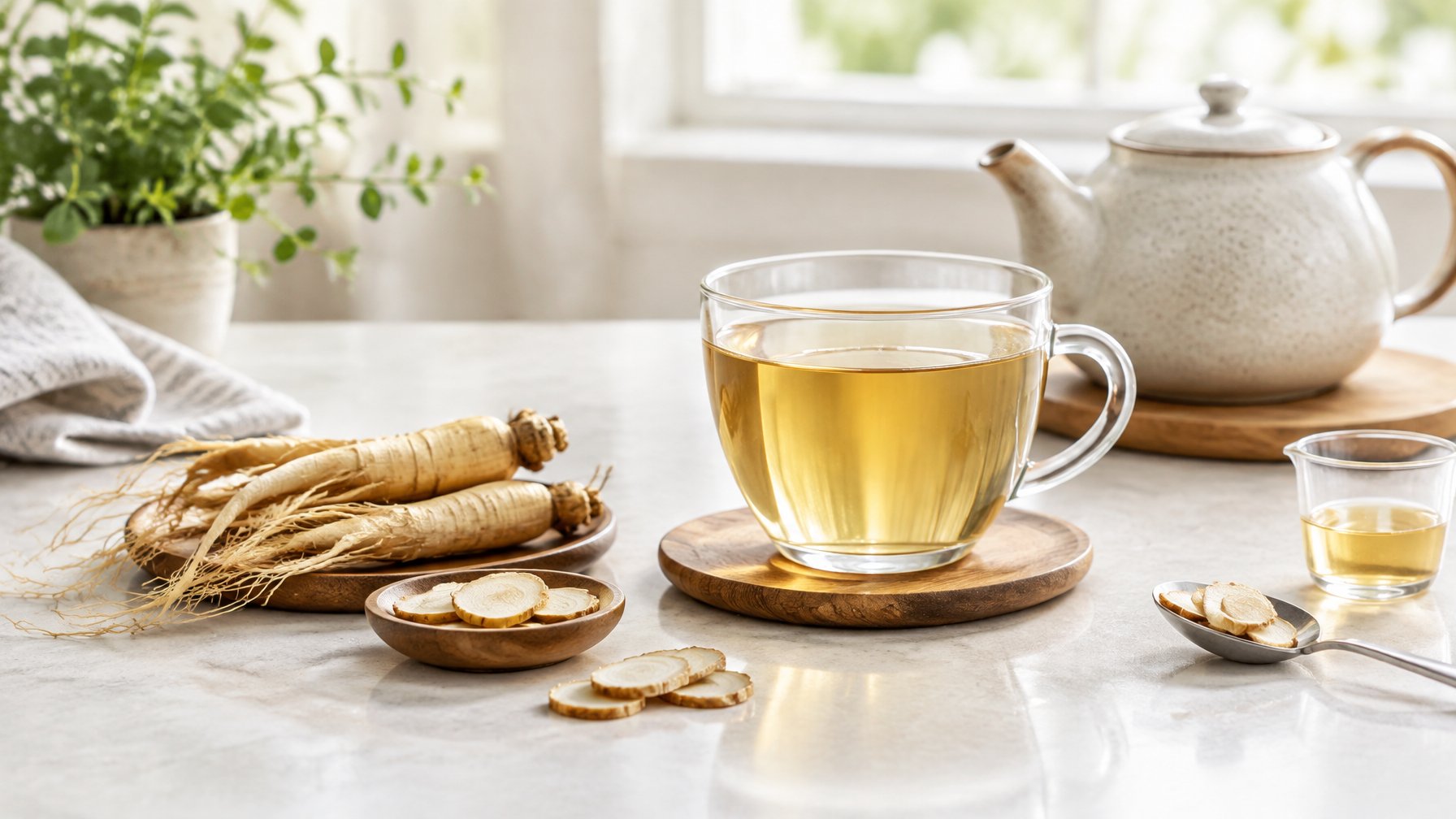 A cup of ginseng tea sits beside ginseng roots and measuring utensils on a bright kitchen table.