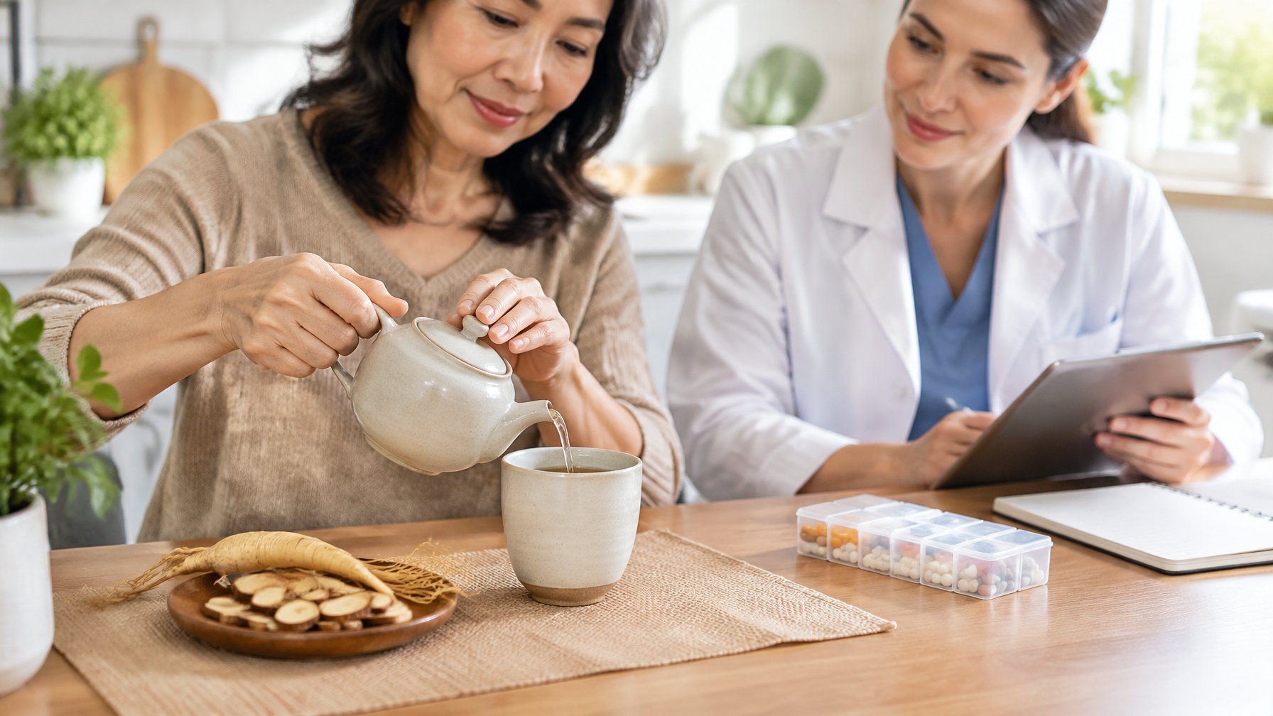 An adult prepares a cup of ginseng tea beside sliced ginseng, a medicine organizer, and a healthcare professional.