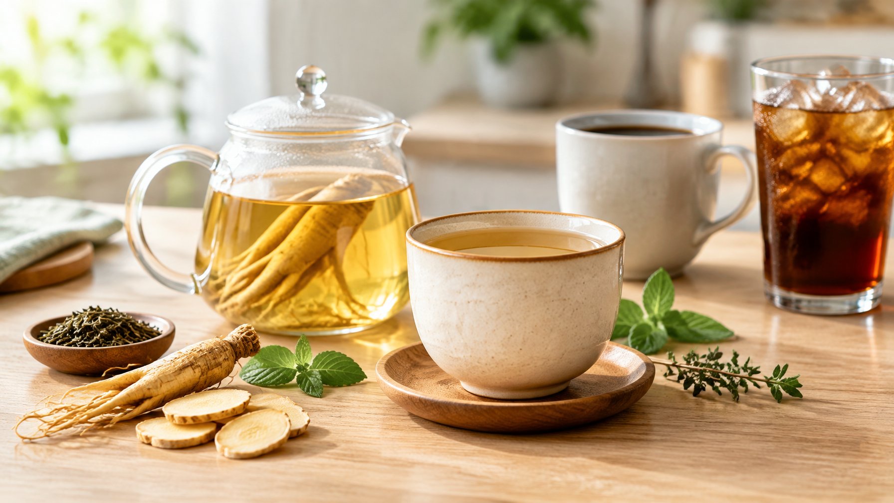 A cup of ginseng tea sits beside coffee and a caffeinated soft drink on a kitchen counter, with ginseng root and tea ingredients nearby.