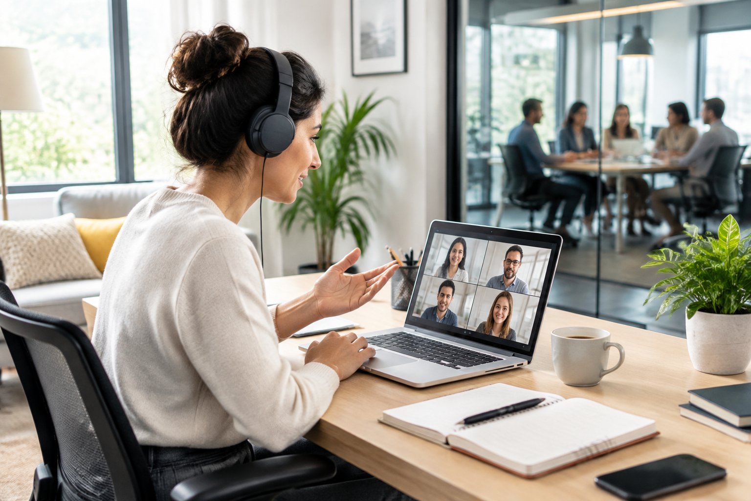 Persona trabajando desde casa en una videollamada, con una oficina presencial visible al fondo.