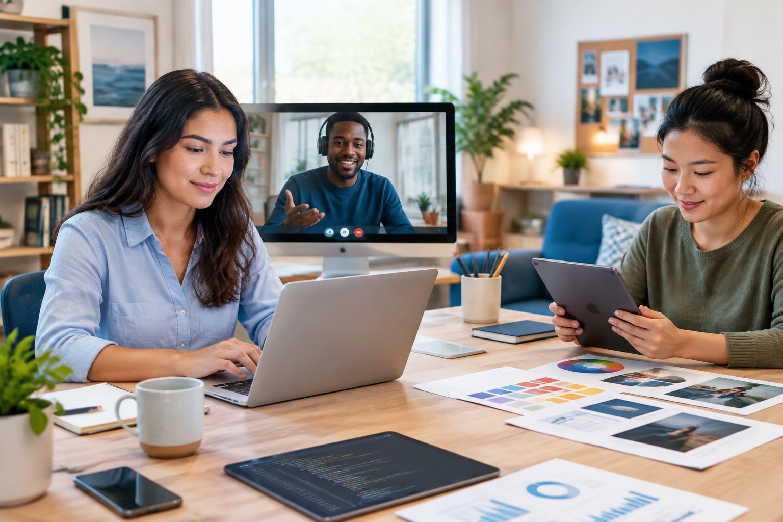 Personas diversas colaboran a distancia desde un espacio de trabajo doméstico con computadoras y tabletas.
