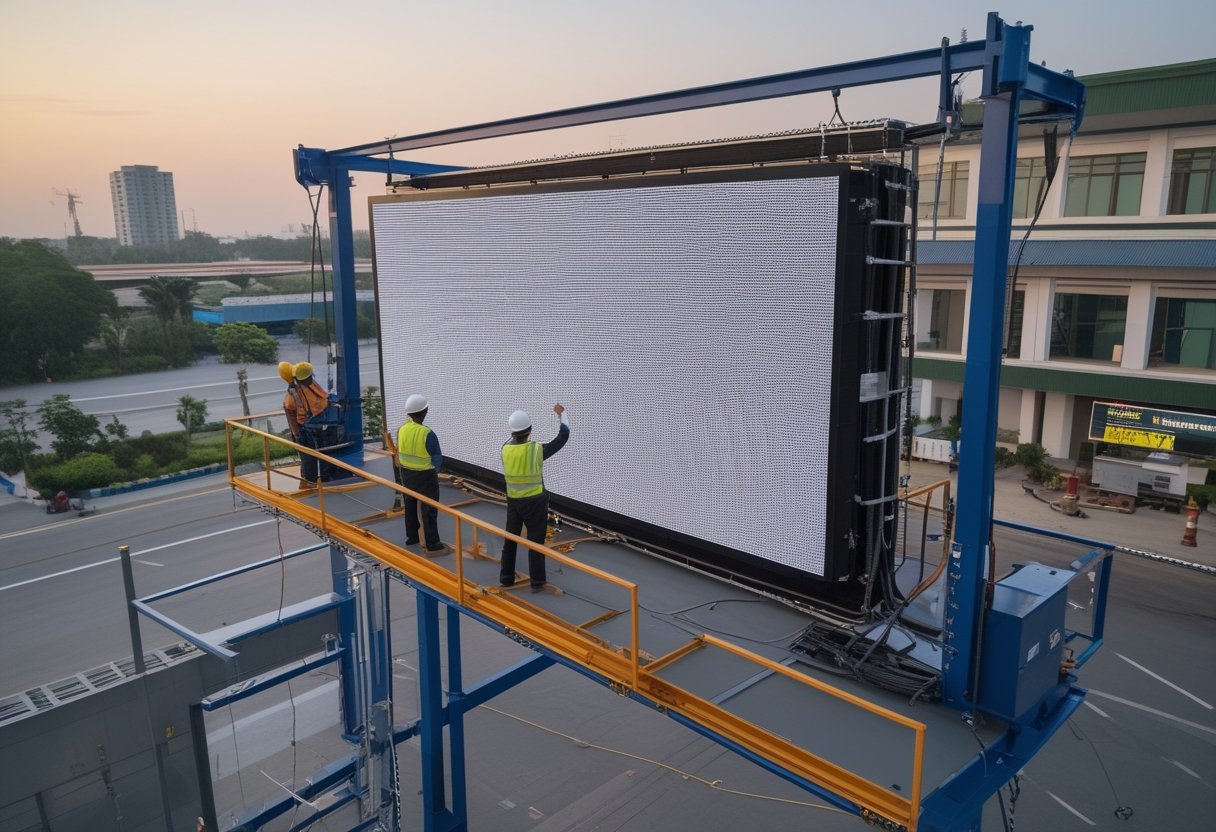 Teknisi memasang videotron LED outdoor berukuran besar pada rangka baja dengan panel listrik dan kabel yang tertata.