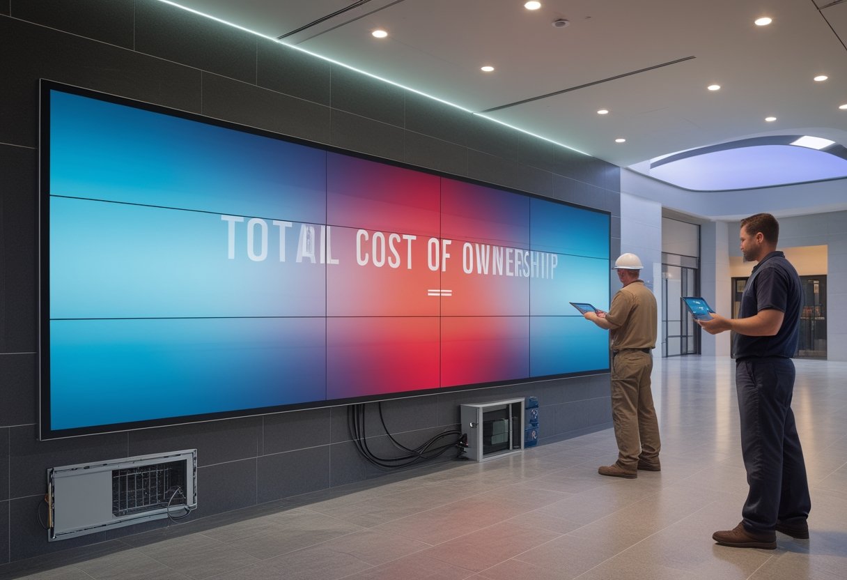 Seorang pemilik bisnis dan teknisi memeriksa videotron LED besar di ruang komersial modern.