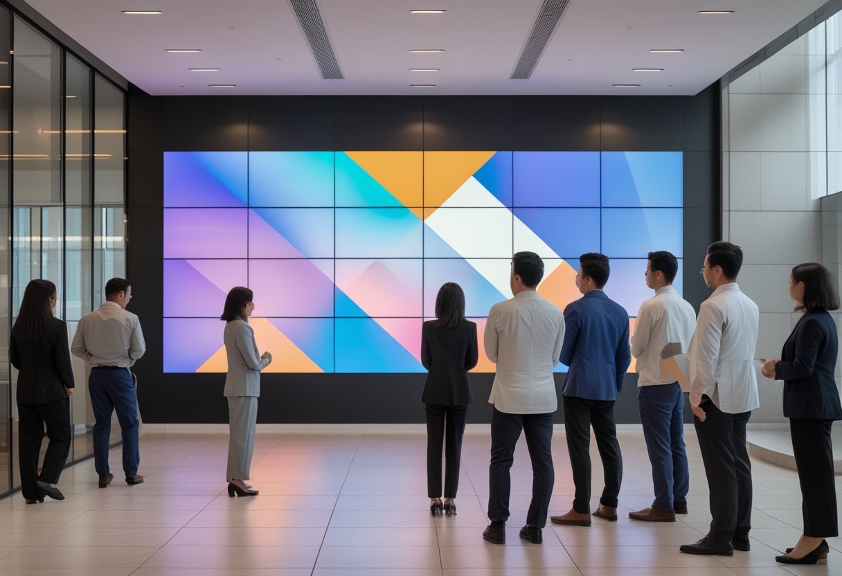 Profesional dan pengunjung mengamati videotron besar di lobi modern.