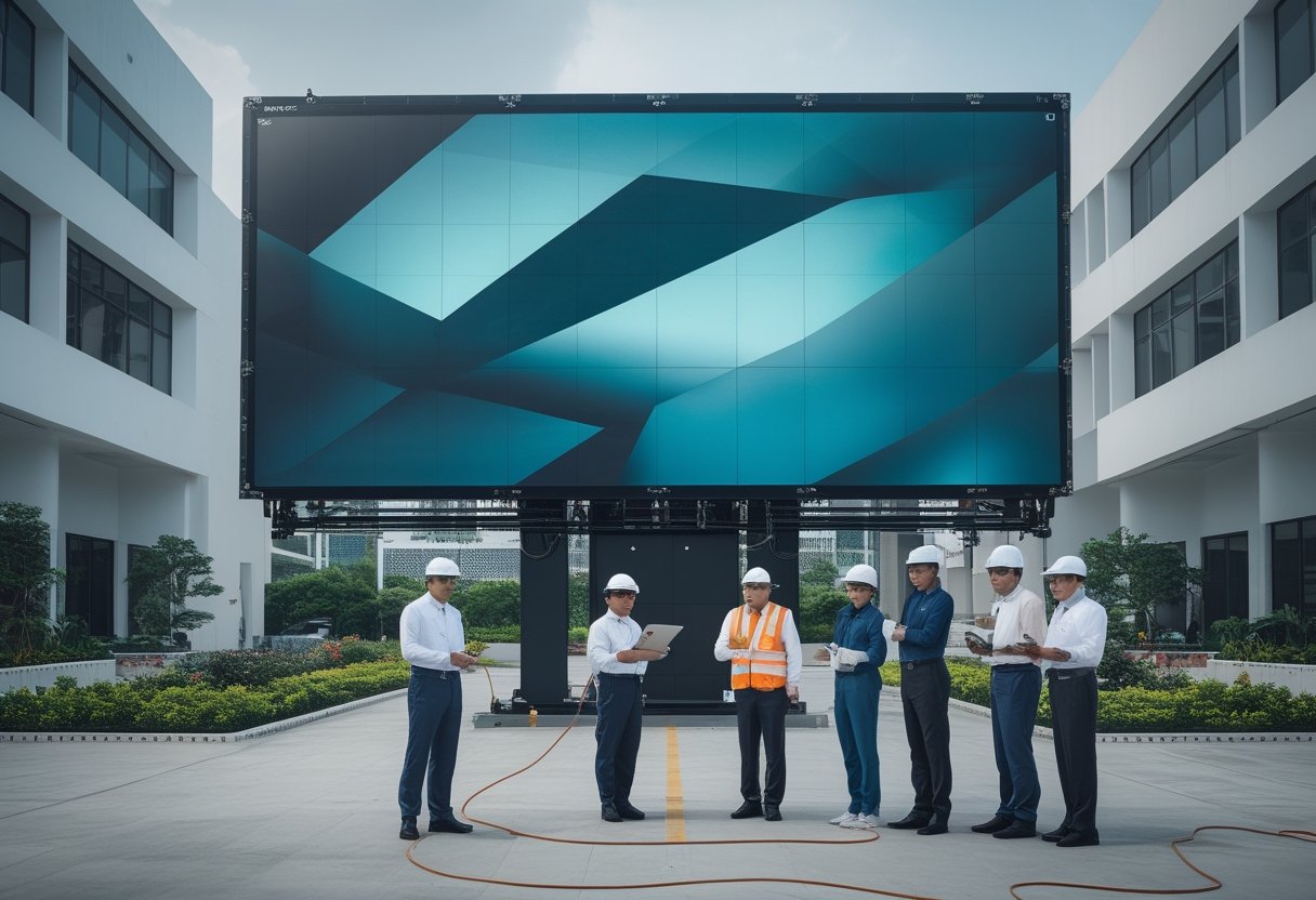 Tim profesional memeriksa videotron LED yang terpasang di kompleks pemerintahan.