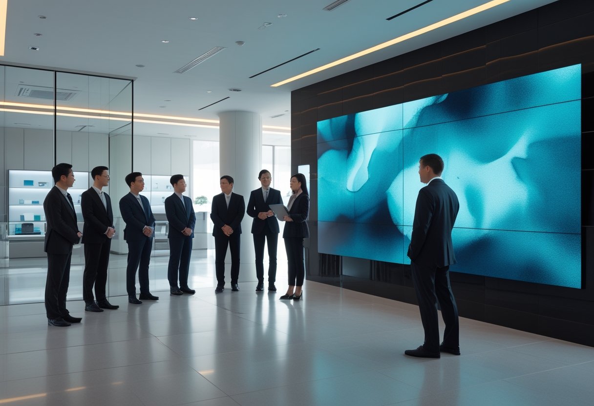Para profesional mengamati videotron LED besar di lobi kantor modern.