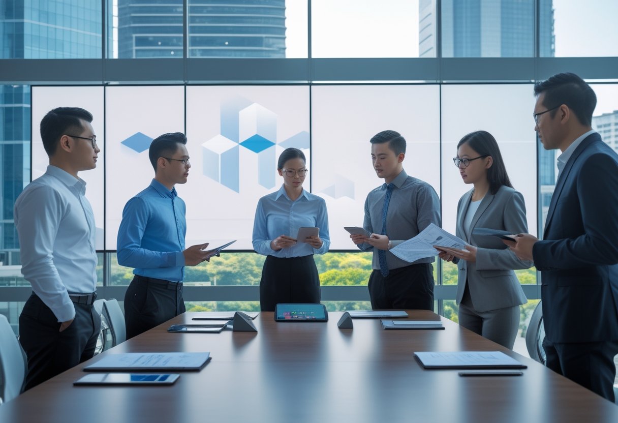 Tim profesional Indonesia mengevaluasi layar LED besar dalam ruang rapat modern.