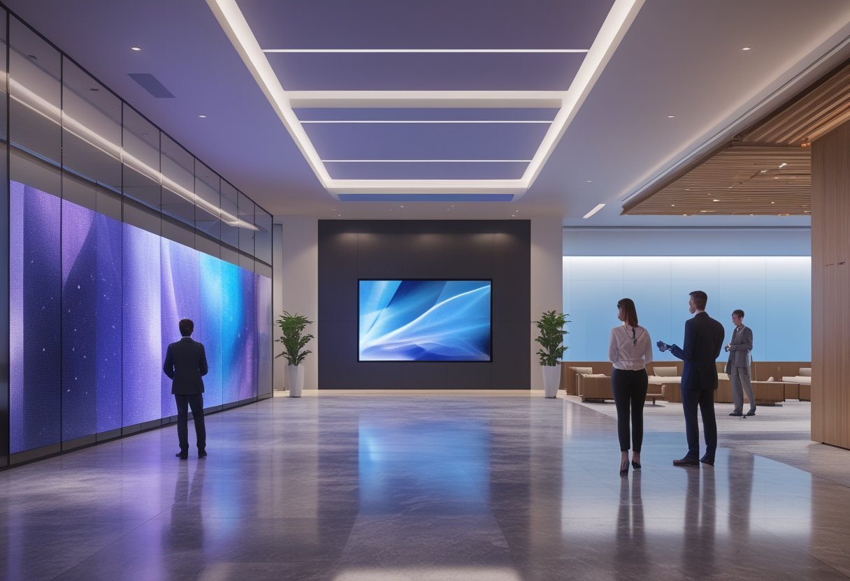 Ruang boardroom, lobi, dan auditorium modern yang masing-masing dilengkapi layar LED indoor.
