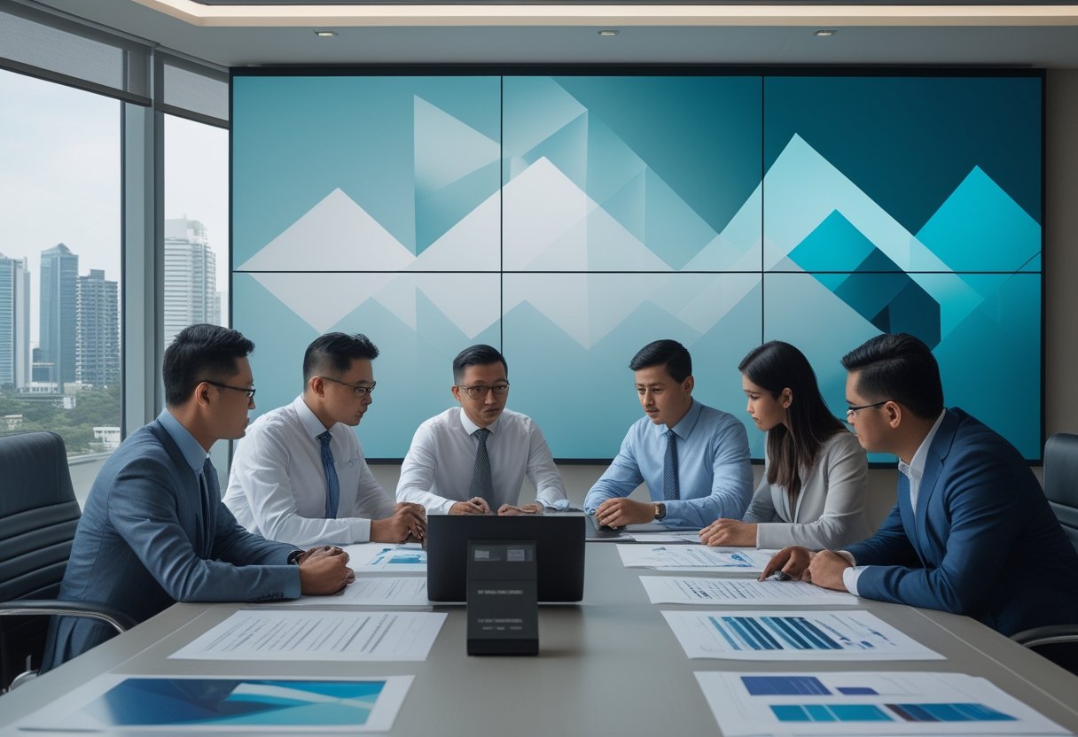 Tim profesional Indonesia mengevaluasi penyedia videotron LED dalam rapat di kantor modern.