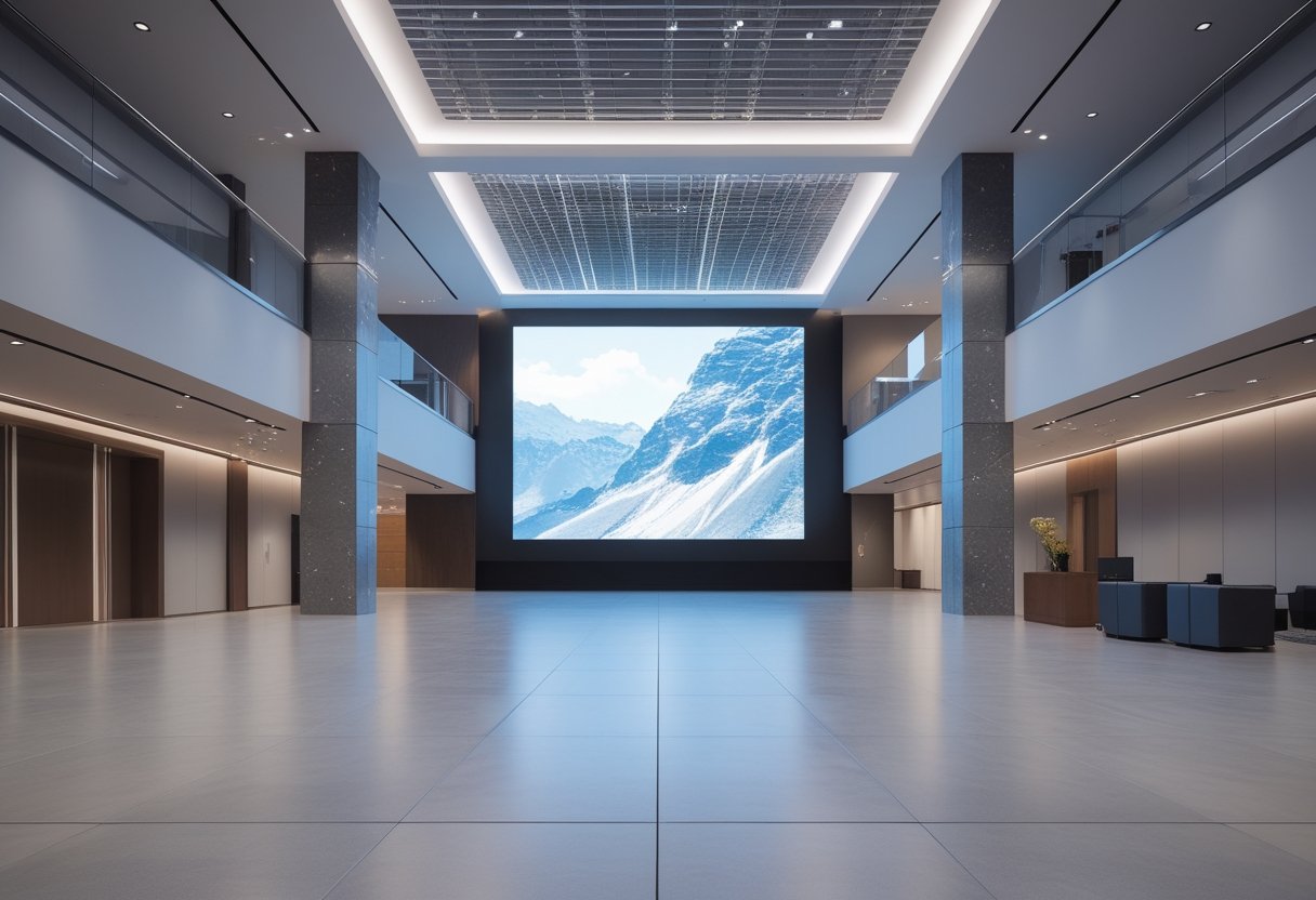 Layar LED besar terpasang di ruang rapat, lobi, dan auditorium modern.