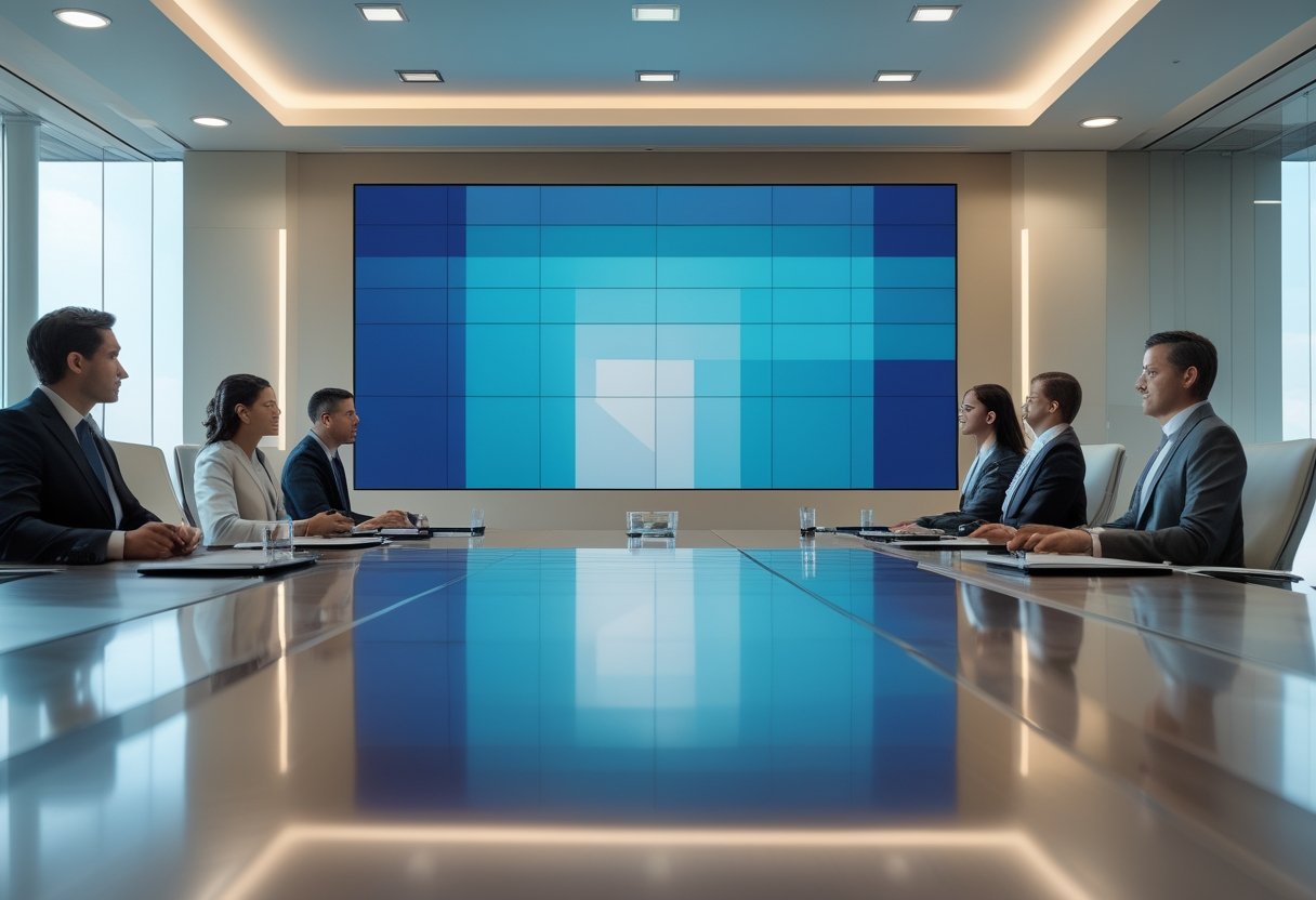 Ruang rapat modern dengan layar LED besar di depan meja konferensi dan beberapa peserta rapat.