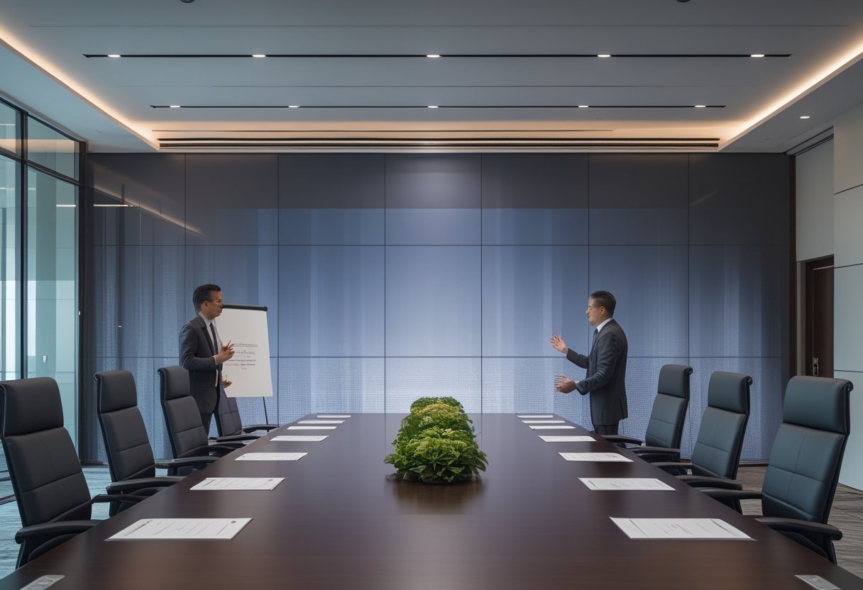 Ruang boardroom modern dengan videotron LED besar dan beberapa profesional sedang membahas spesifikasi layar.