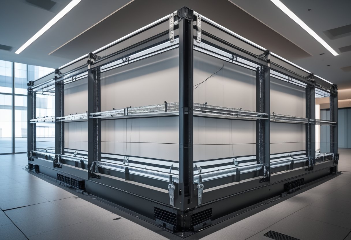 Rangka logam dan sistem ventilasi di belakang videotron indoor yang sedang dipasang.