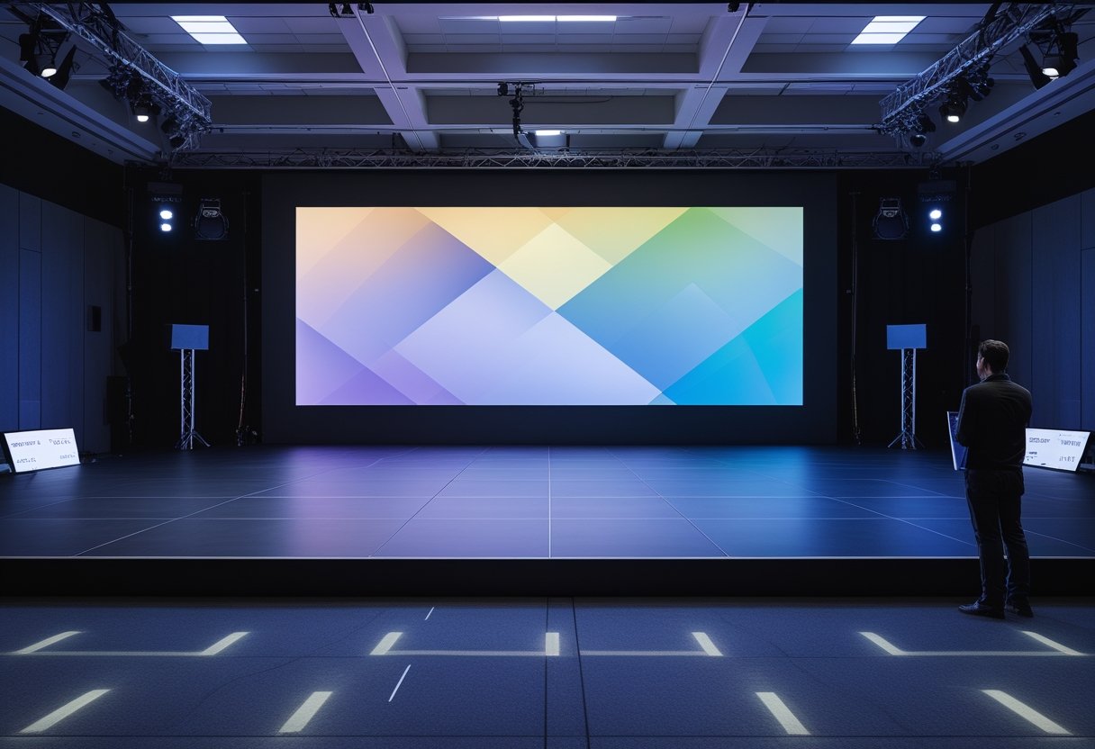 Layar LED videotron indoor terpasang di auditorium modern dengan kursi penonton dan seorang teknisi yang sedang memeriksanya.