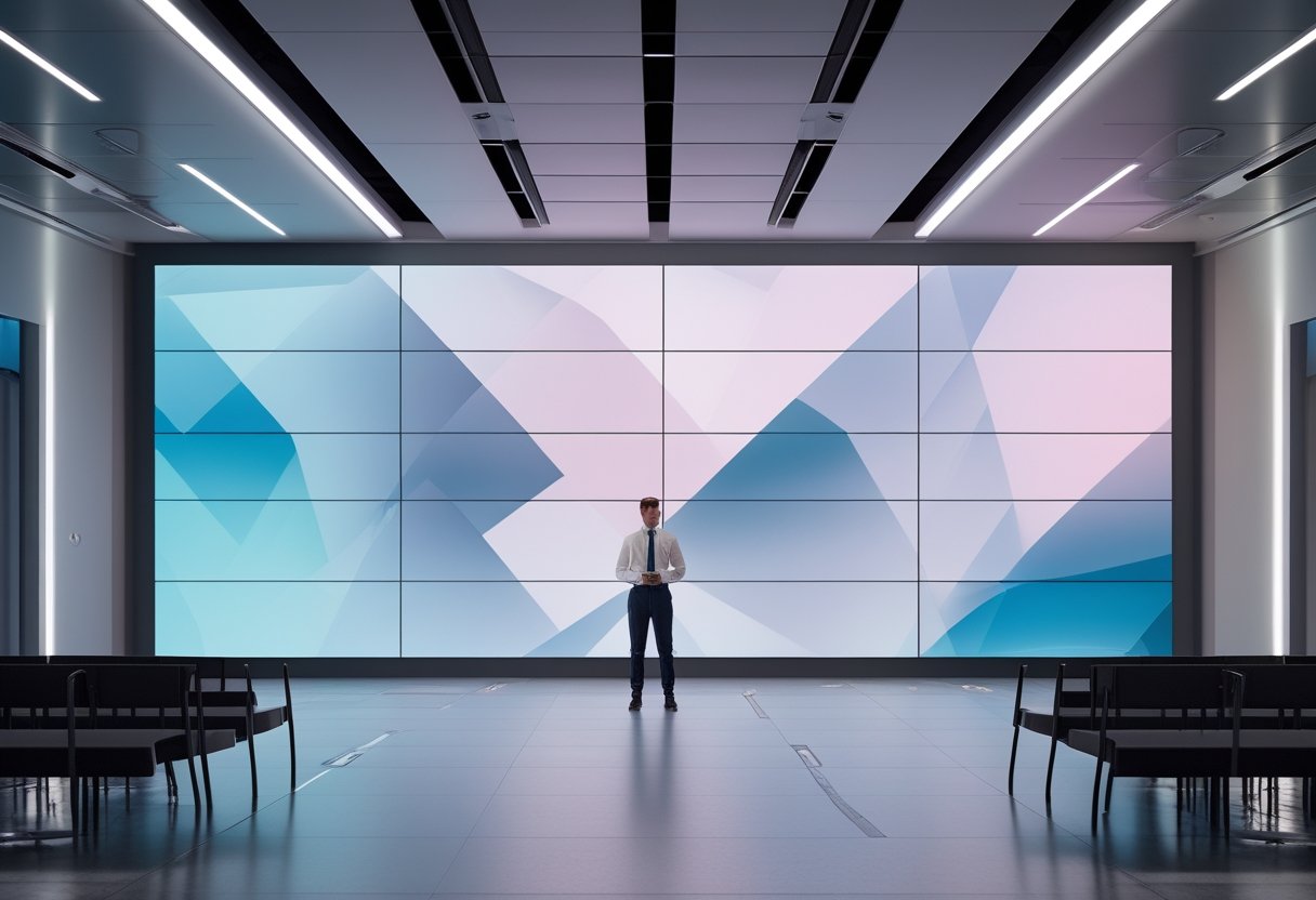 Ruang presentasi modern dengan layar LED indoor besar dan presenter yang berdiri beberapa meter di depannya.