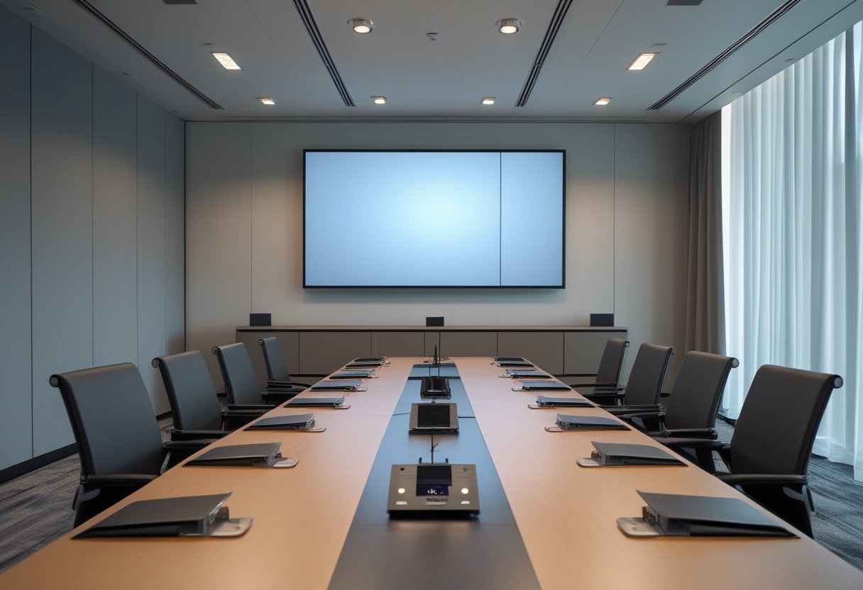 Ruang konferensi modern dengan mikrofon meja, pengeras suara plafon, dan perangkat audio yang tertata rapi.