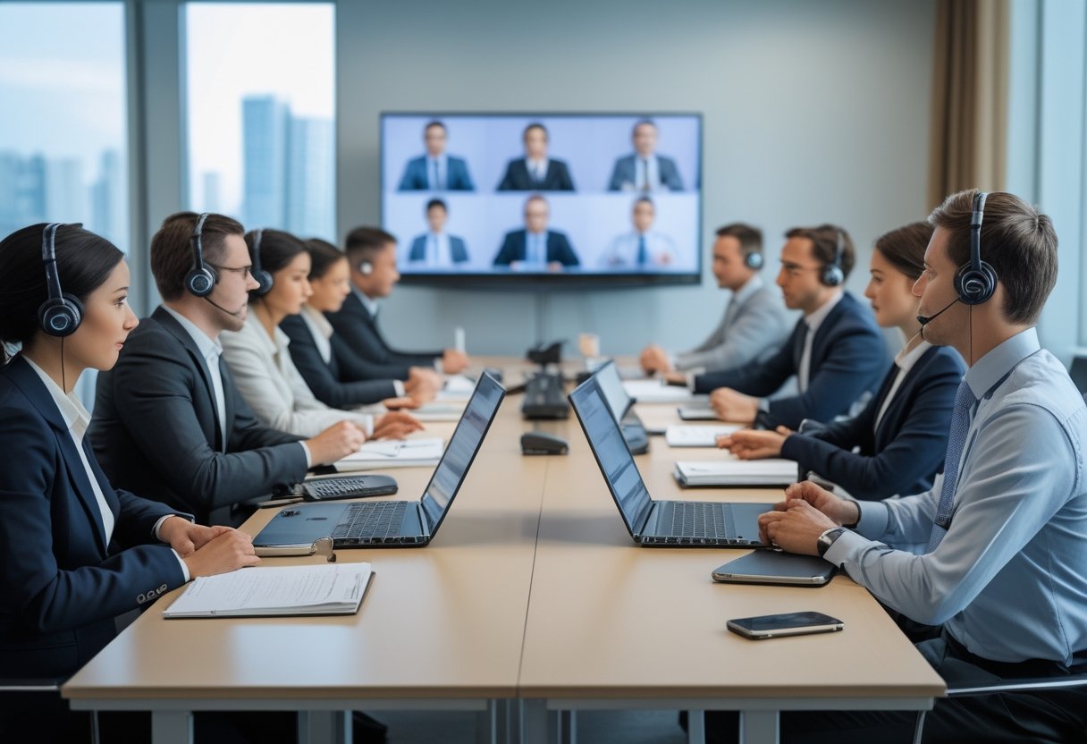 Tim profesional membandingkan konferensi audio menggunakan headset dengan konferensi video melalui layar di ruang kantor modern.